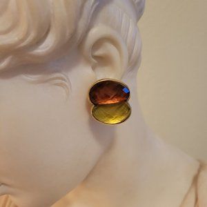 STEVE VAUBEL (SIGNED) CLIP-ON EARRINGS DOUBLE FACETED STONES 14K GOLD PLATED